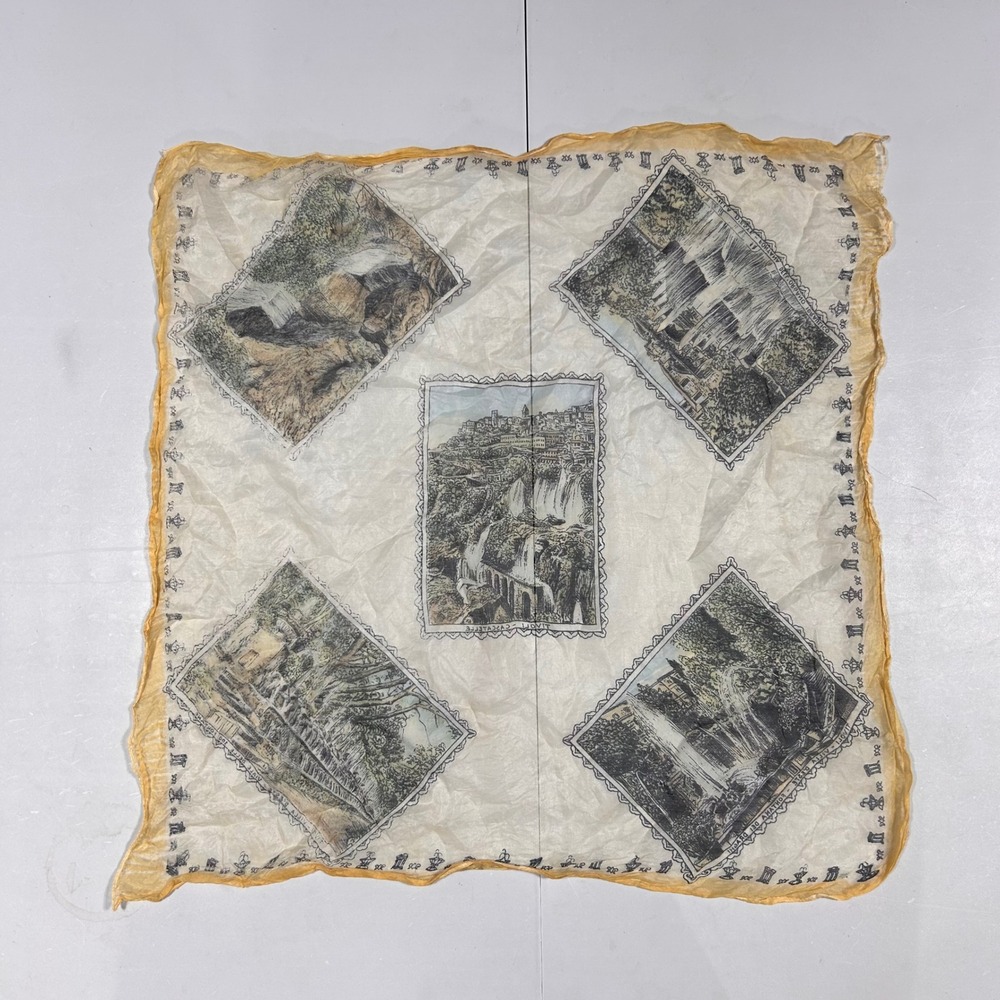 Vintage Old Money Artsy Tivoli Italy Scenic Print Sheer Square Scarf Cream 16"